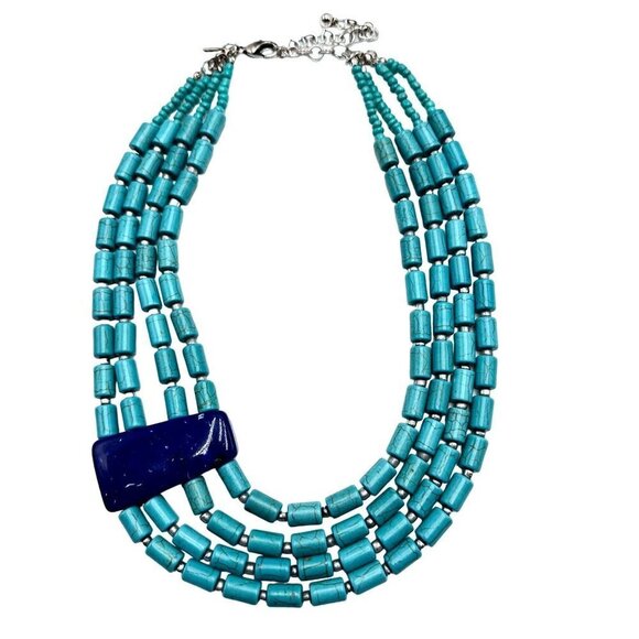 CHICOS Faux Turquoise Lapis Lazuli Bib Statement 16" to 18" Statement Necklace - Picture 3 of 3